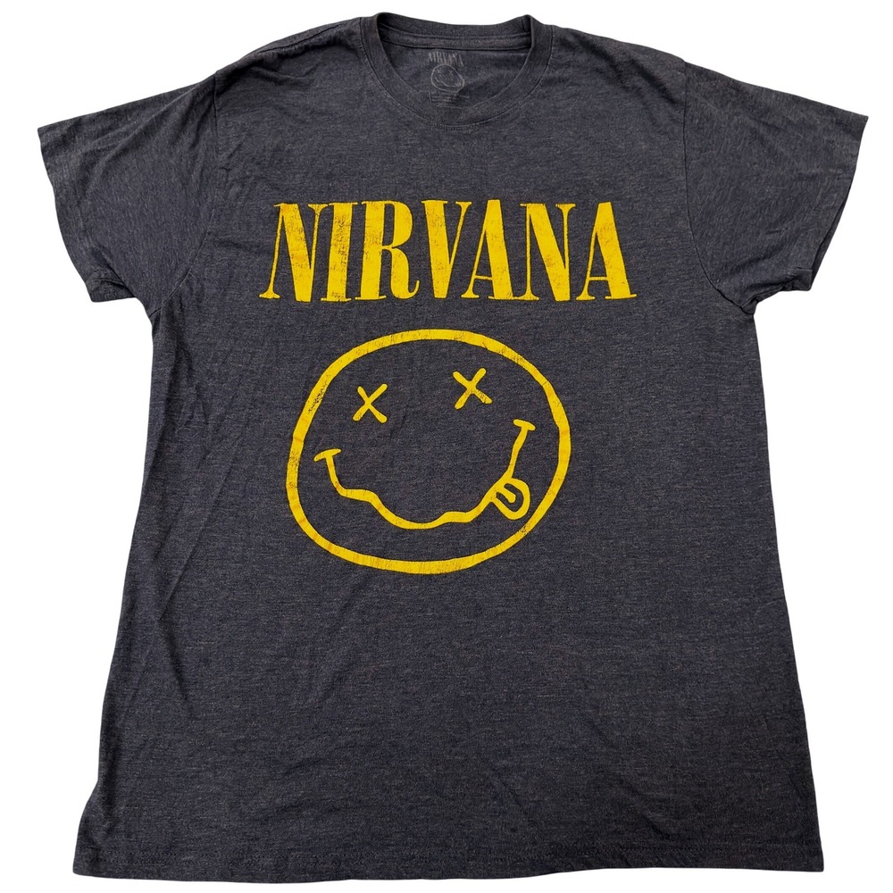 Nirvana Smiley Face Graphic Tee Shirt Charcoal Gray Mens Large L Short Sleeve
